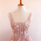 Pink Square Neck A Line Floral Prom Dress     S6506