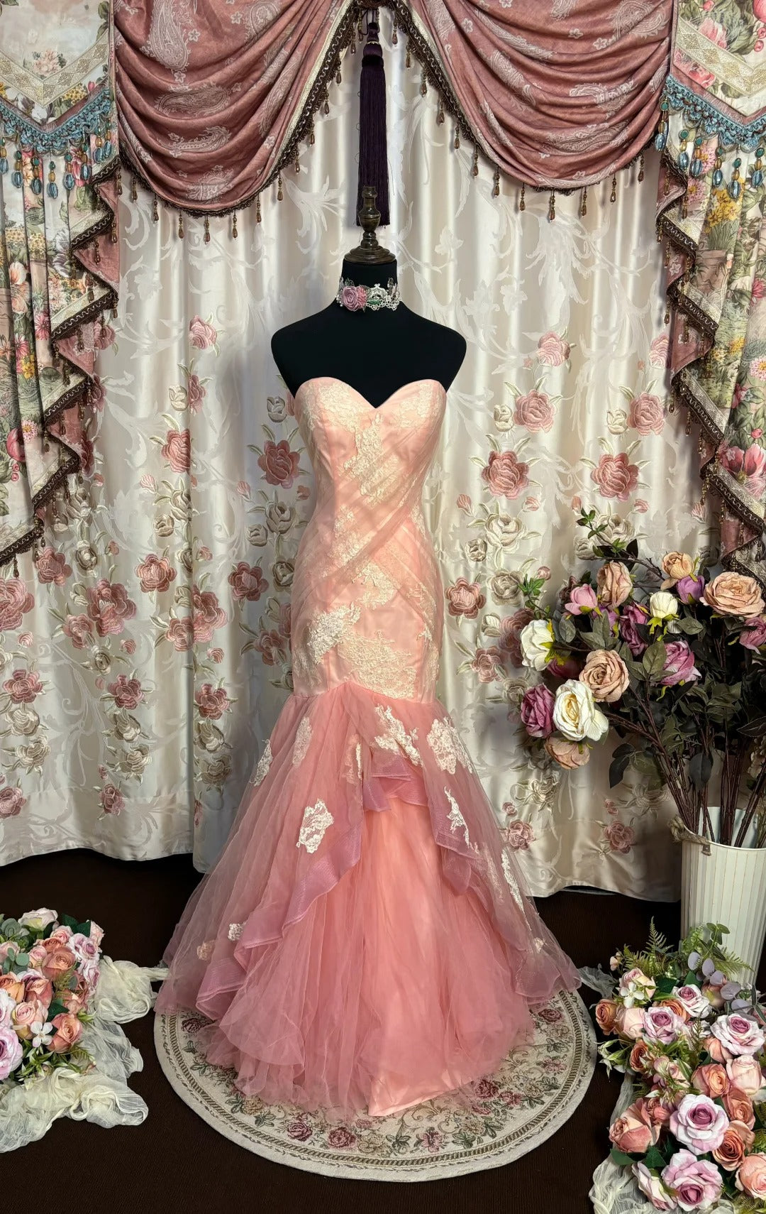 Pink Tulle Mermaid Strapless Long Prom Dress, Formal Evening Gowns     S6857