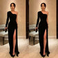 Black Simple Mermaid Evening Dress Long Sleeves One Shoulder High Side Split Formal Prom Dress Party Wear      S786