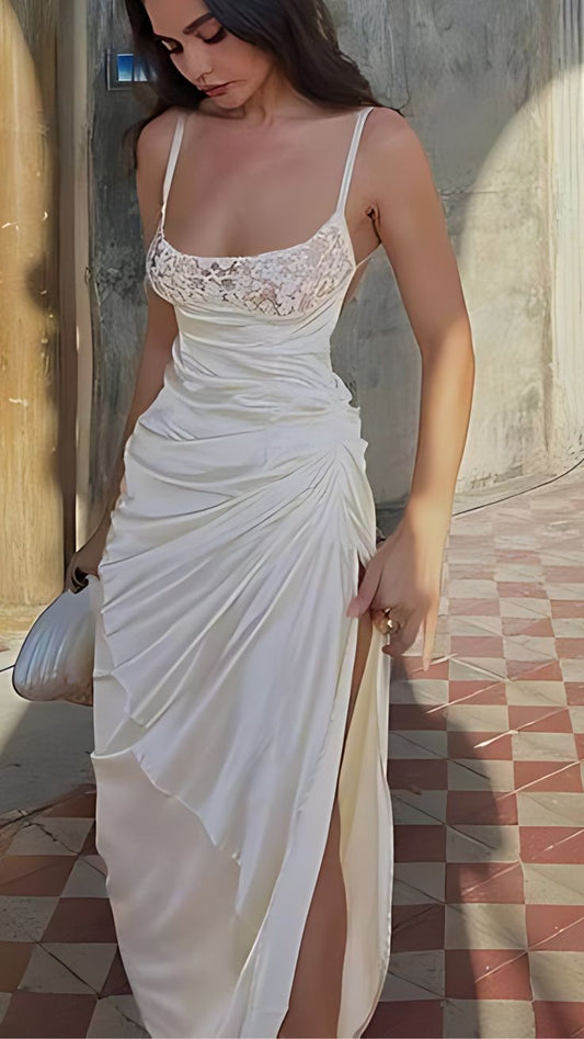 Sexy Lace Patchwork Satin Strap Dress Chic Pleated High Slit Bodycon Long Dress    S6867