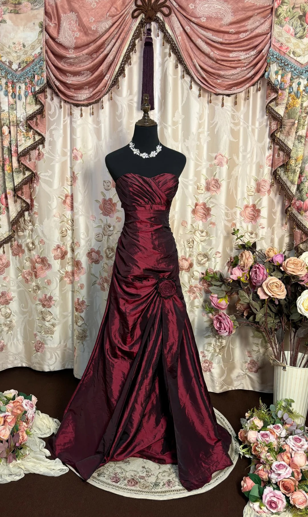 Burgundy Strapless Long Prom Dress, Formal Evening Gowns     S6854