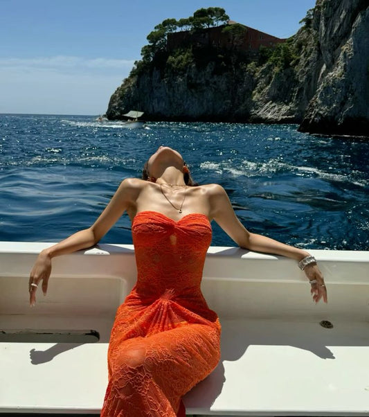 Sexy Sleeveless Orange Lace Sheath Dress     S6905