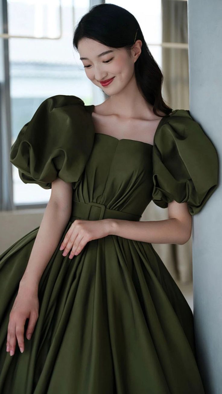 A Line Green Puffy Sleeves Long Evening Gowns Party Prom Dresses   S6931