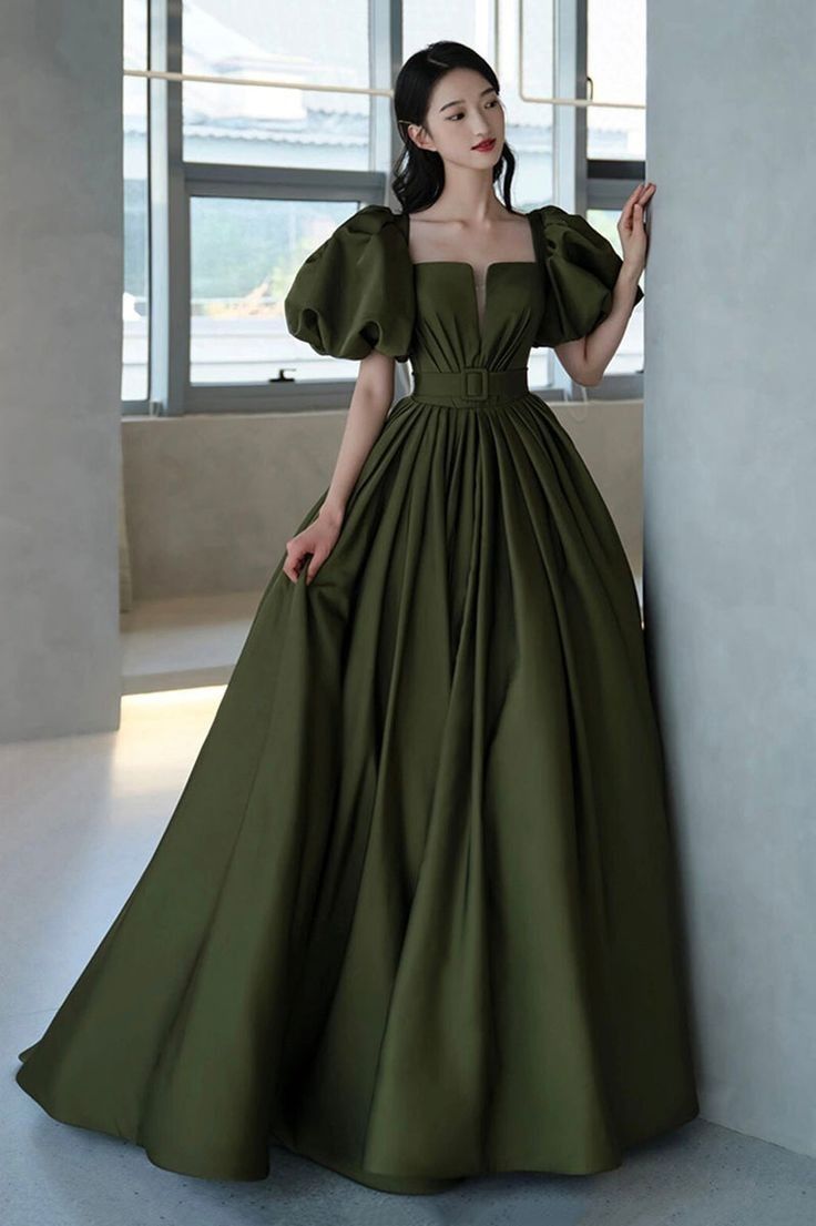 A Line Green Puffy Sleeves Long Evening Gowns Party Prom Dresses   S6931