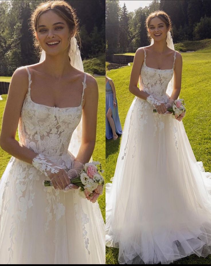 Sexy Tulle A-Line Square Spaghetti Straps Empire Appliques With Tulle Train Wedding Dress      S6917