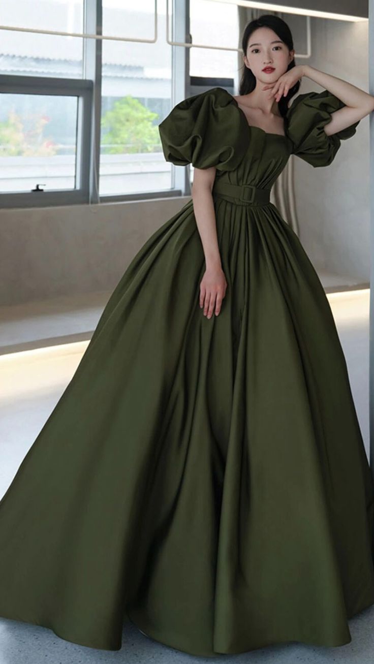 A Line Green Puffy Sleeves Long Evening Gowns Party Prom Dresses   S6931