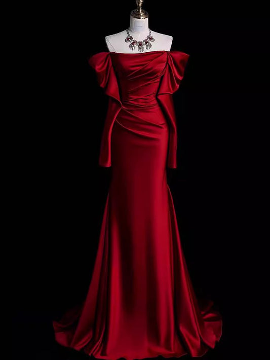 Mermaid Off The Shoulder Burgundy Long Satin Prom Dresses      S6911