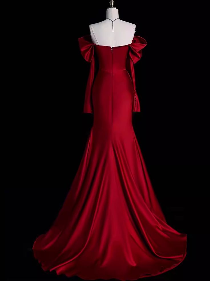 Mermaid Off The Shoulder Burgundy Long Satin Prom Dresses      S6911