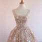 Pink Square Neck A Line Floral Prom Dress     S6506