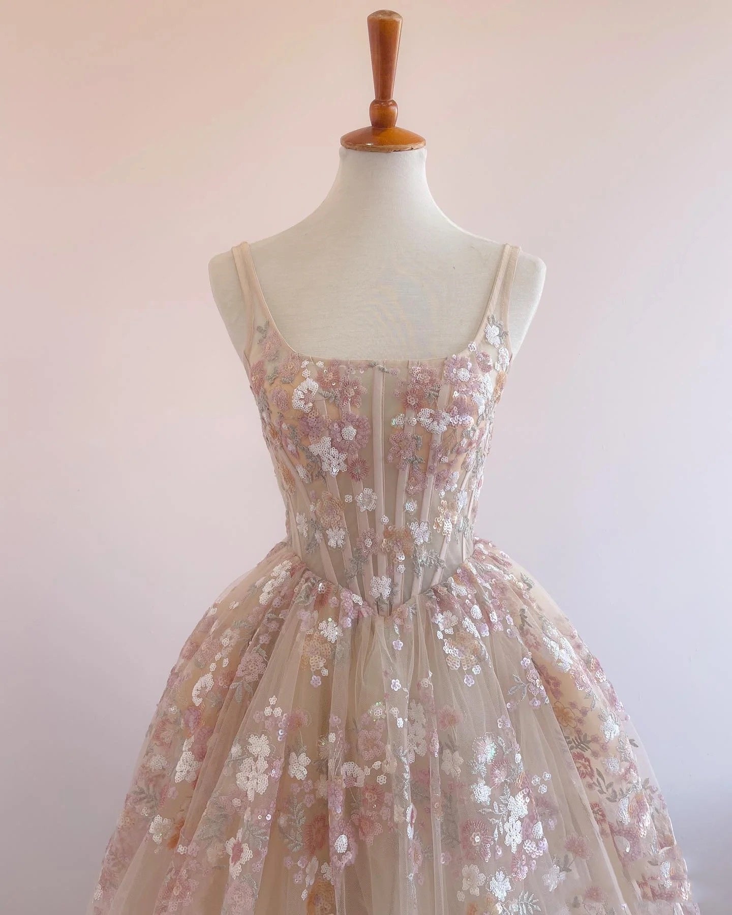 Pink Square Neck A Line Floral Prom Dress     S6506