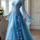 Off Shoulder Blue Tulle Long Evening Gowns Sexy Prom Party Dresses   S6923