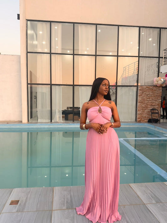 Pink Pleated Party Dress, Long Formal Evening Gowns     S6865