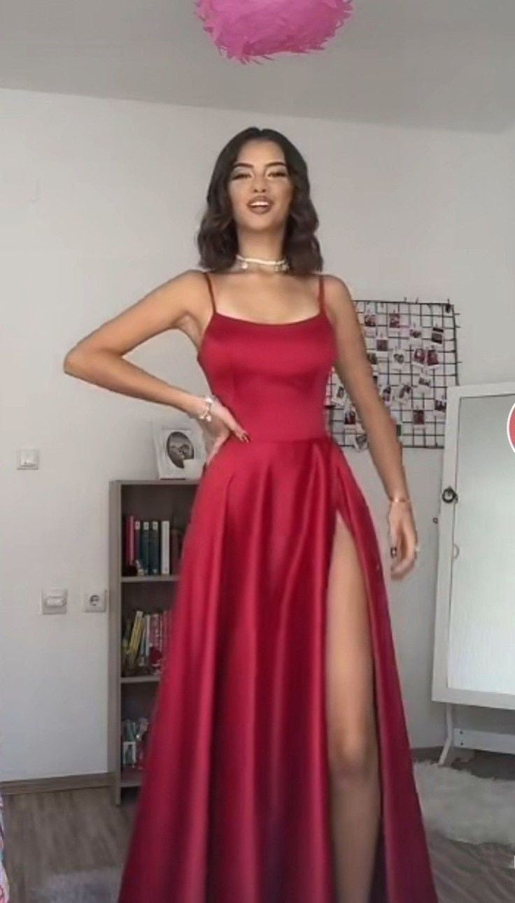 A Line dark red prom party dress with split    S1509