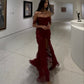 Wine Red Off Shoulder Straps Multi-layered Ruffles Long Prom Dress     S6786