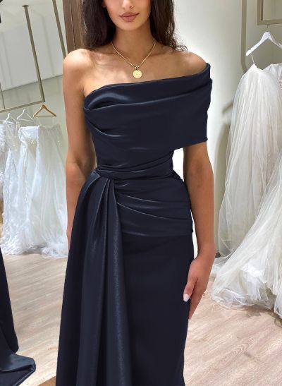 Sheath/Column Dark Navy One Shoulder Satin Prom Dresses      S6804