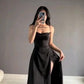 Simple A Line Straps Black Long Prom Dresses Evening Dress With Slit      S6827