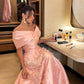 Blush Pink Luxury Arabic Evening Dresses Off The Shoulder Satin Beadings Prom Dress     S6814