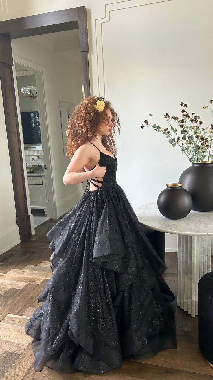 Black A-Line Shiny Tulle Long Party Dress Birthday Party Gown      S6825