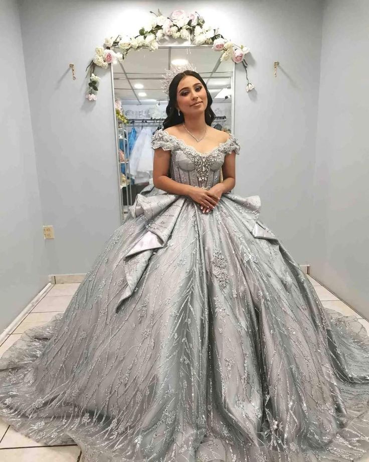 Silver Off Shoulder Crystal Quinceanera Dresses Birthday Party Ball Gown    S6782
