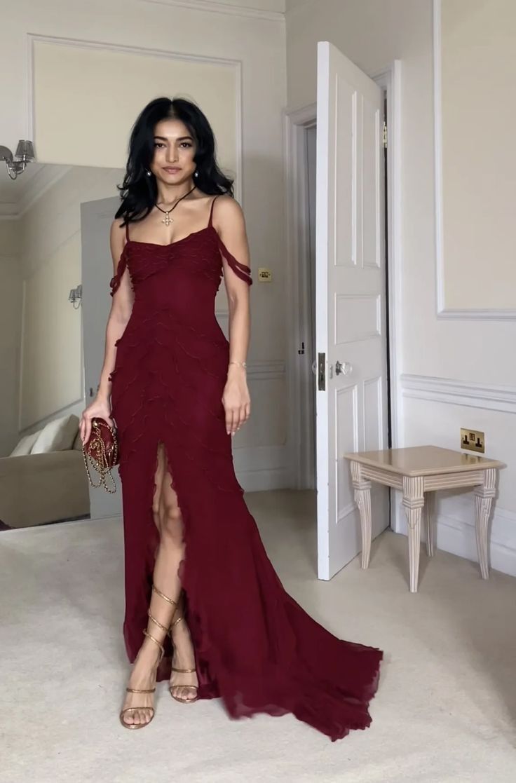 Wine Red Off Shoulder Straps Multi-layered Ruffles Long Prom Dress     S6786