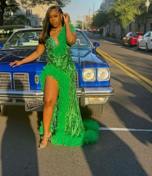 Green Sparkly African Prom Dresses for Women Slit Evening Birthday Gala Gown Black Girl      S6800