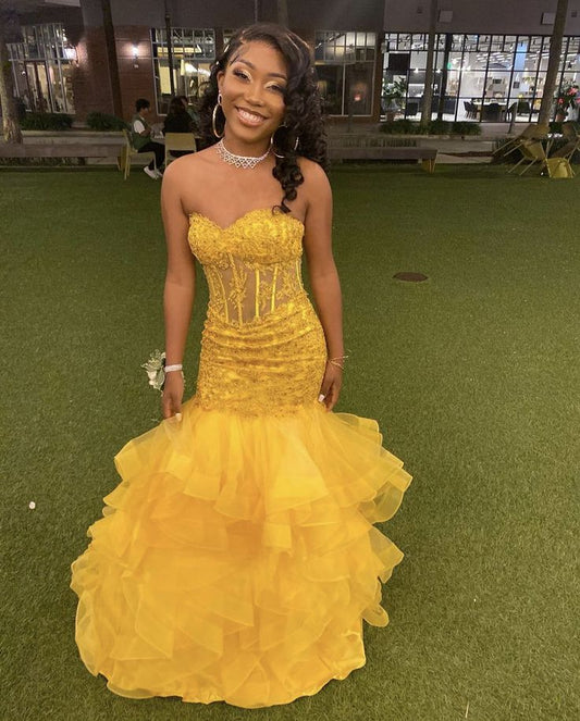 Yellow Mermaid Long Prom Dresses for Women, Evening Birthday Gown For Black Girl      S6801