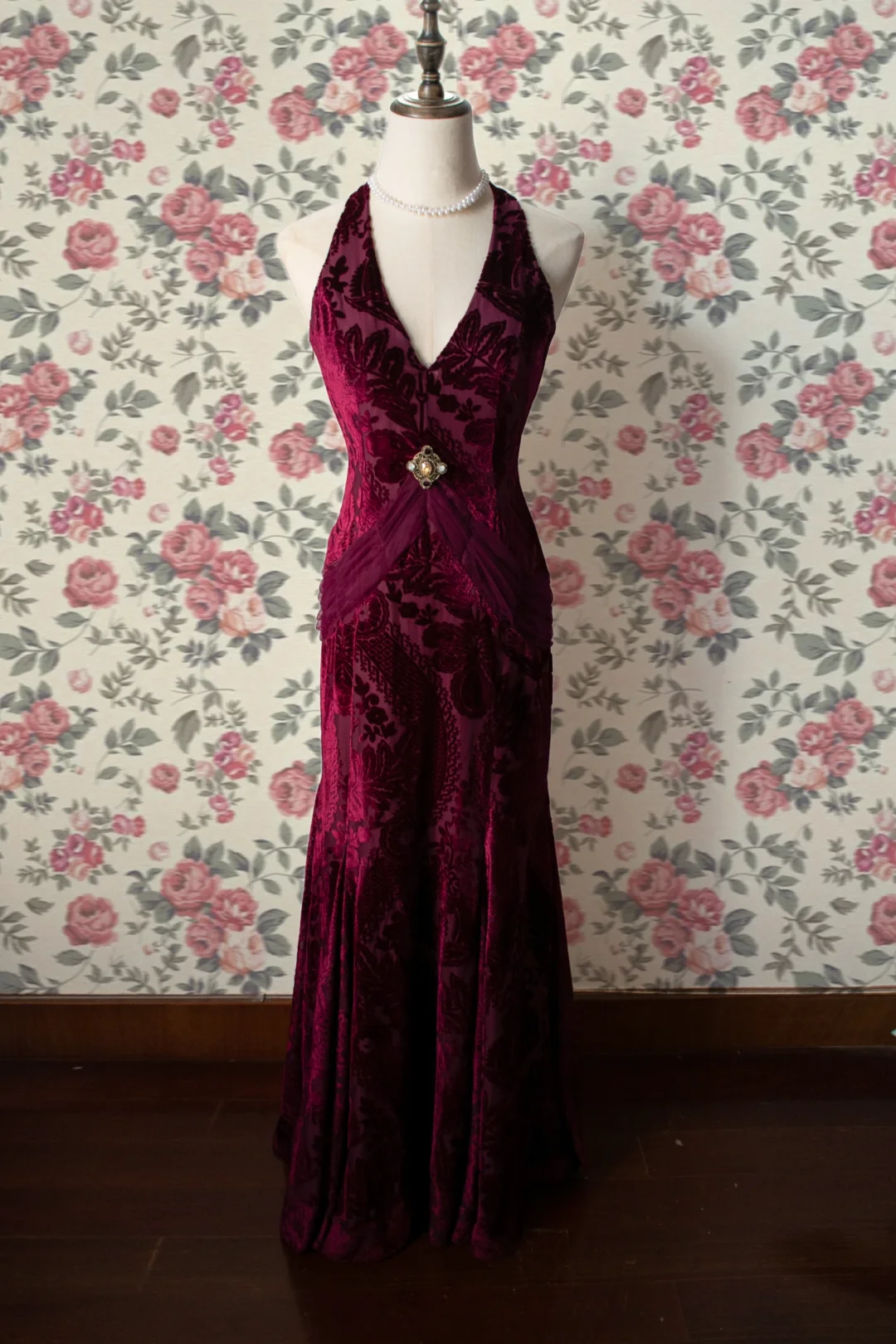 Burgundy Halter Party Dress, Long Formal Evening Gowns     S6877