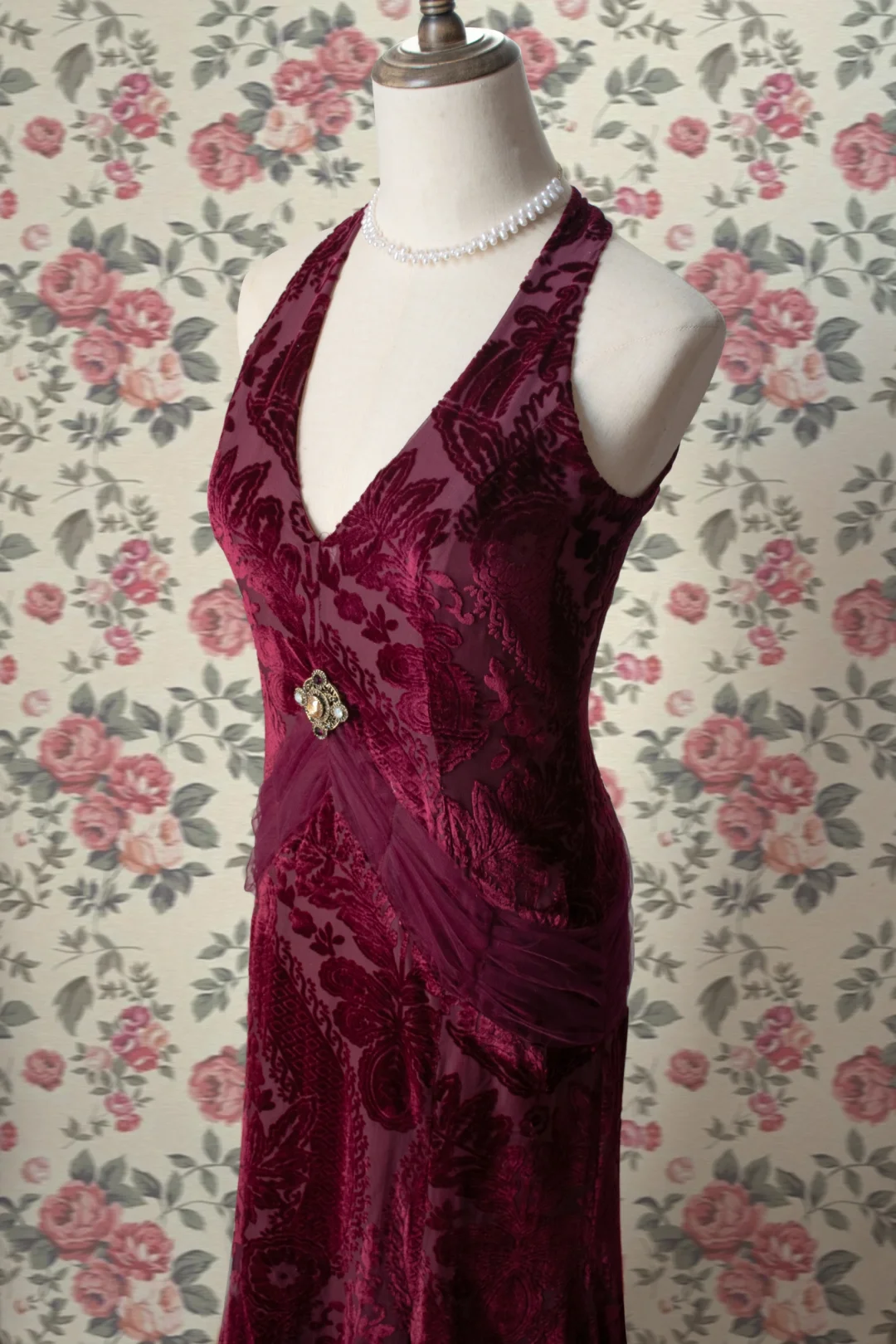 Burgundy Halter Party Dress, Long Formal Evening Gowns     S6877