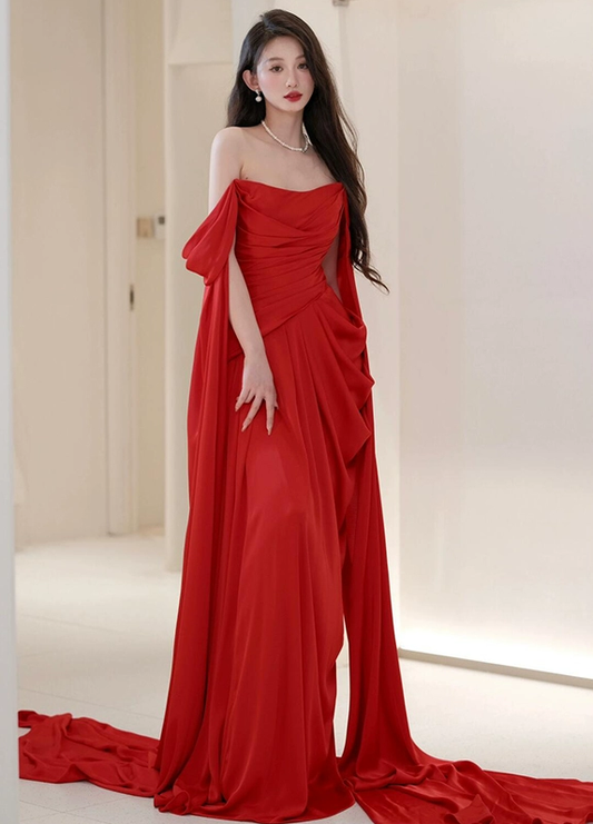 Purple dress long evening gown engagement party off shoulder satin birthday party dress   S6832