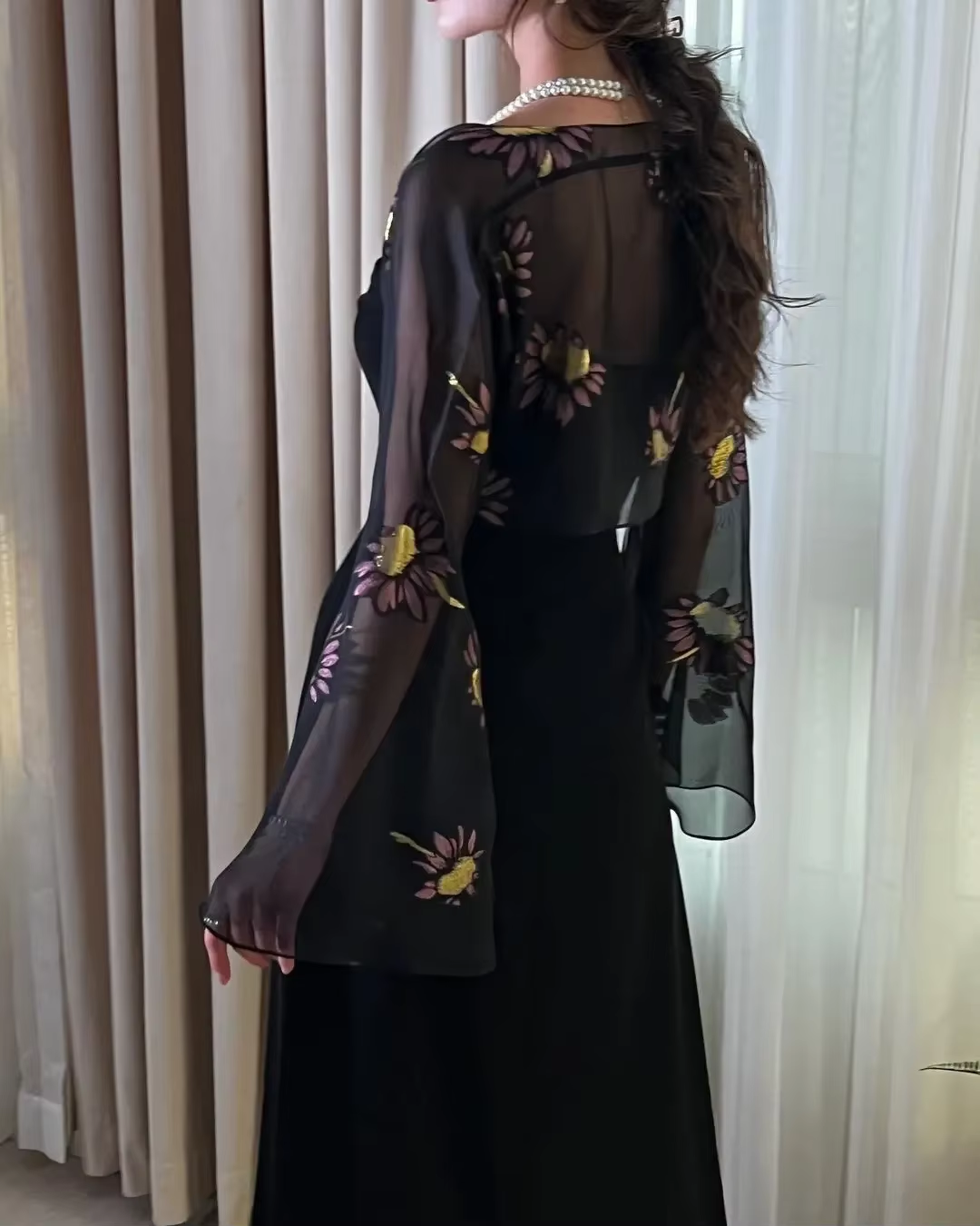 Saudi Arabia Evening Dresses for Women Black Prom Dresses Long Sleeve Chiffon Jackets Wedding Guest Dress     S6308