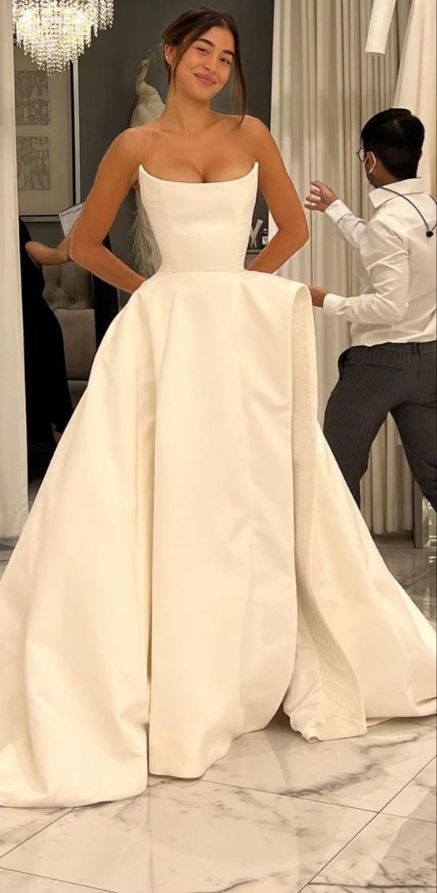 A-Line Satin Strapless Wedding Dress Elegant Long Wedding Party Dress     S6587