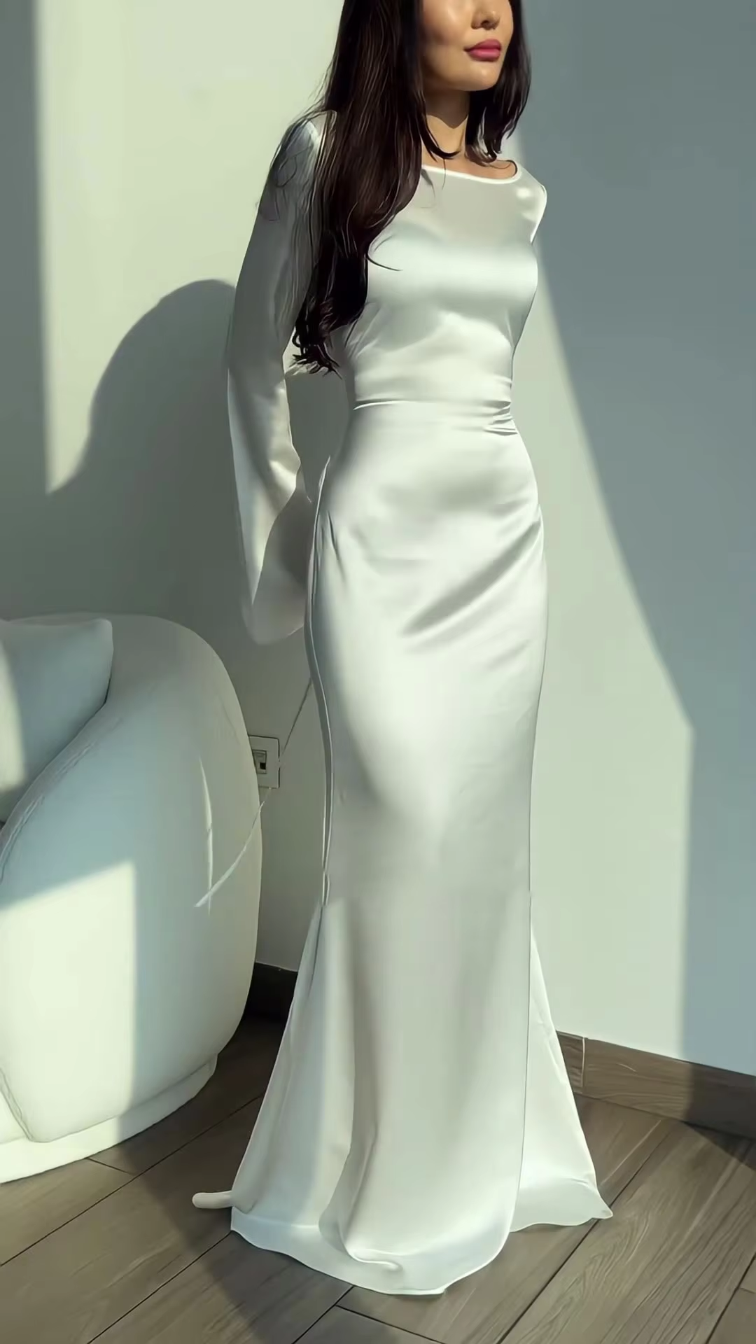 Elegant Round Neck Mermaid Dress Lace Up Flare Sleeve Long Dress for Women        S6690