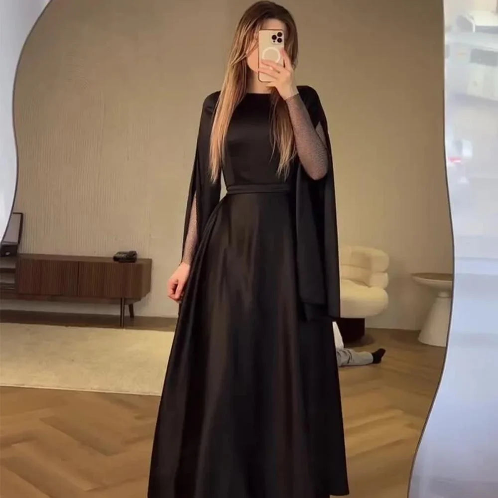 Fashion Elegant Black Long Sleeve Dress A-line Evening Prom Dress      S6758