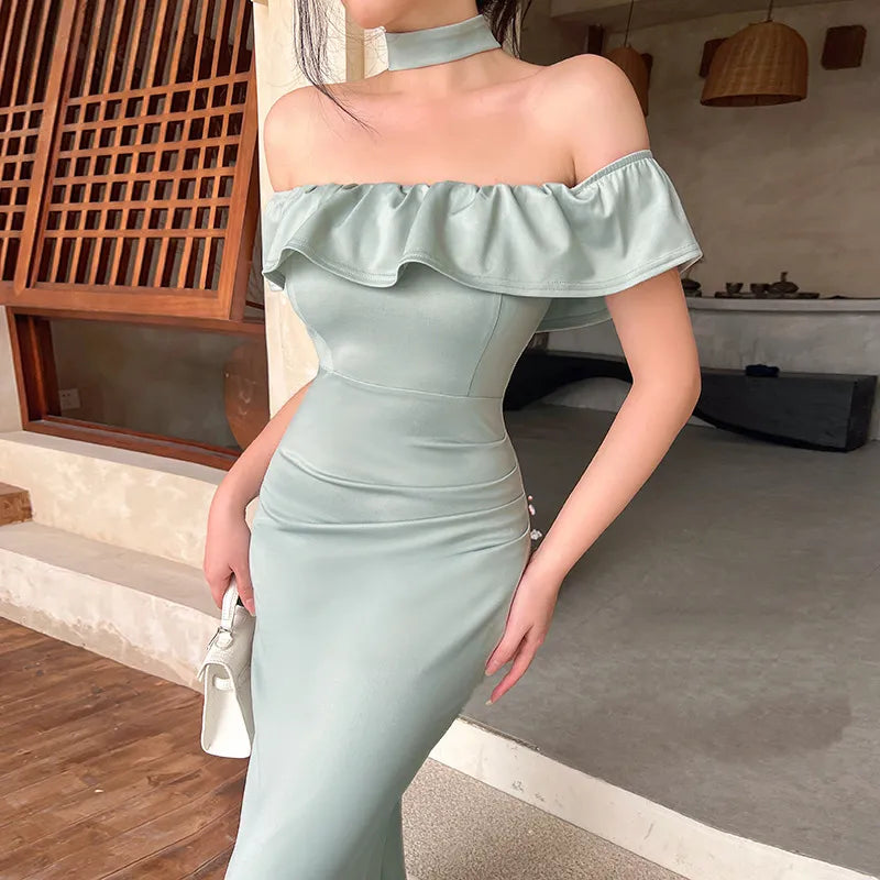 Off-Shoulder Ruffled Midi Mermaid Dress       S6739