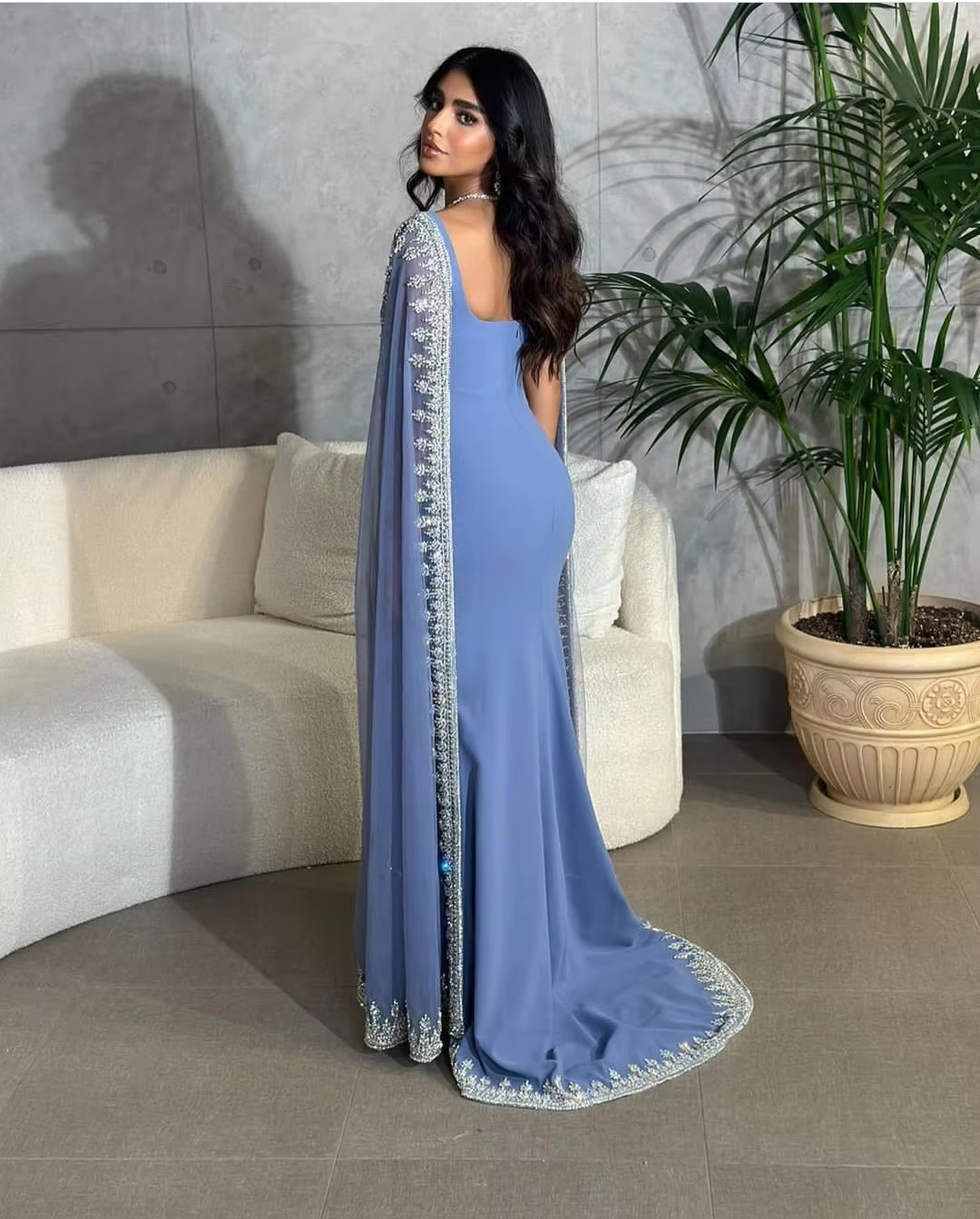 Cape Sleeves Luxury Evening Dresses Women Elegant Long Formal Prom Dress      S6822