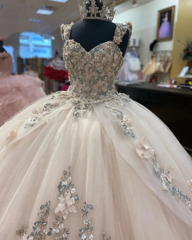 A-line Tulle Ball Gown Puffy Sweet 16 Dress 3D Flowers Birthday Dress    S2332