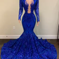 Royal Blue Mermaid Long Prom Dresses with Sleeves,Formal Dress with Sequins        S6457