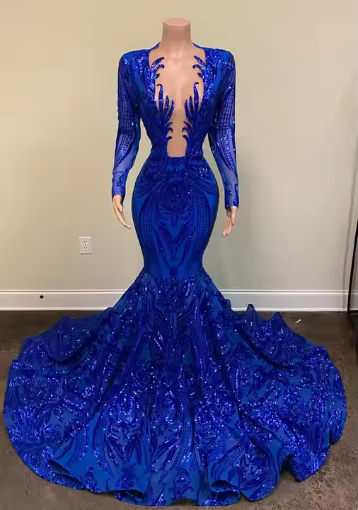 Royal Blue Mermaid Long Prom Dresses with Sleeves,Formal Dress with Sequins        S6457