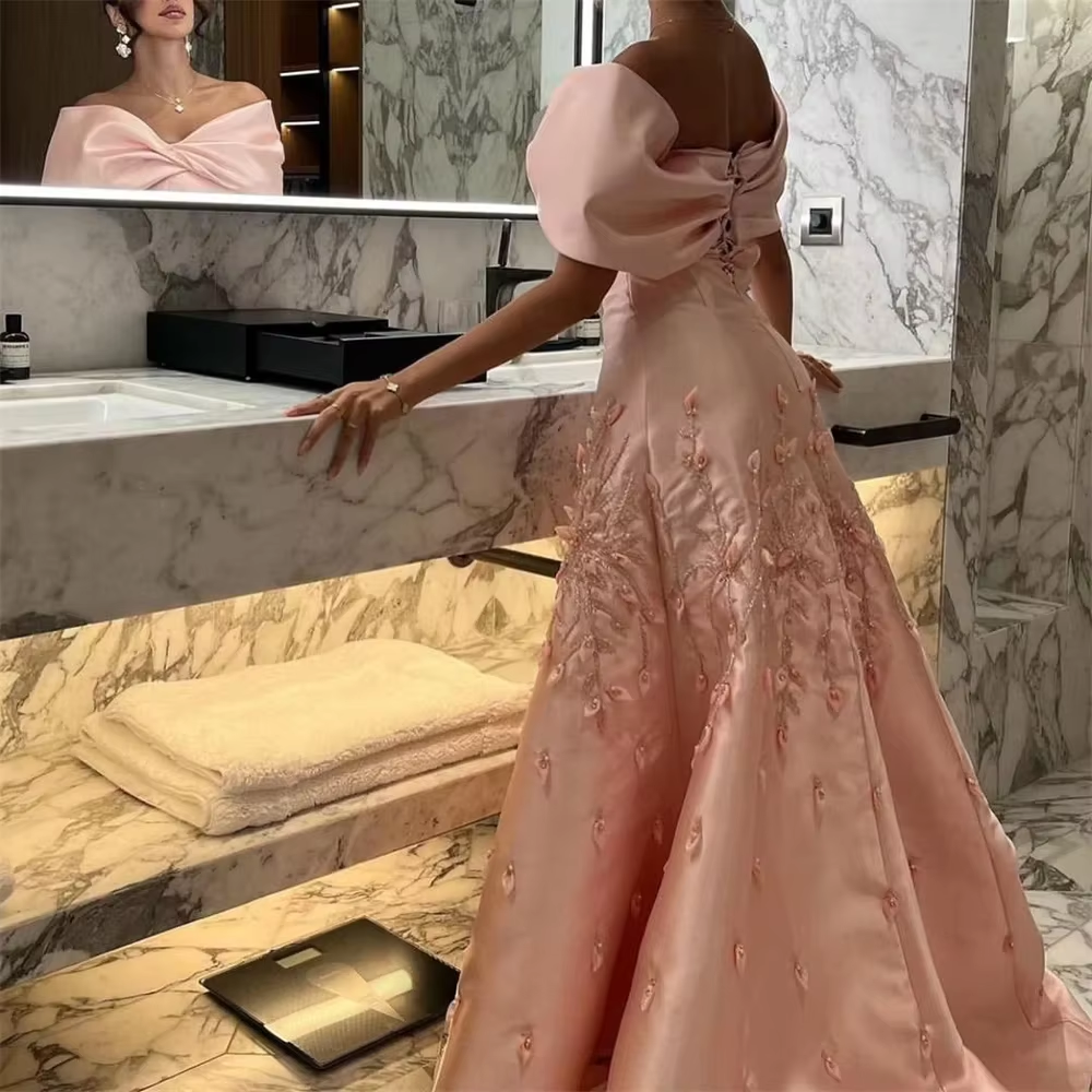 Blush Pink Luxury Arabic Evening Dresses Off The Shoulder Satin Beadings Prom Dress     S6814