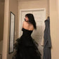 A-line Tulle black Layers Long Party Dress, Black Tulle Prom Dress      S6750