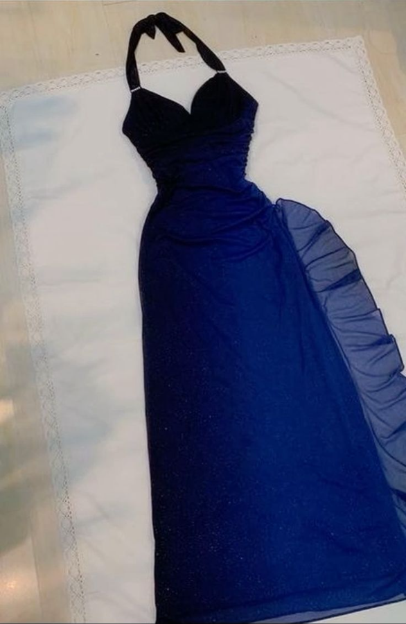 Halter Ombre Navy Blue Long Chiffon Prom Dress        S6477