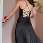 Simple A Line Straps Black Long Prom Dresses Evening Dress With Slit      S6827