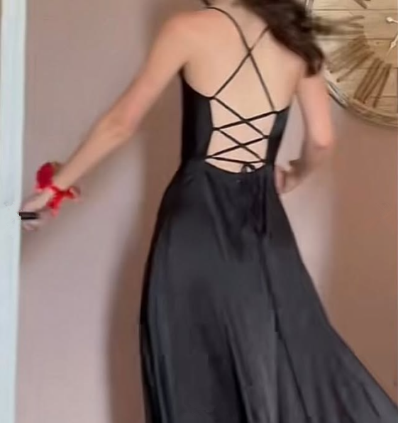 Simple A Line Straps Black Long Prom Dresses Evening Dress With Slit      S6827