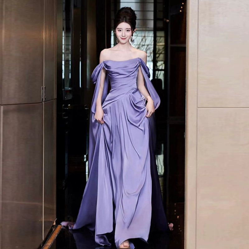 Purple dress long evening gown engagement party off shoulder satin birthday party dress   S6832