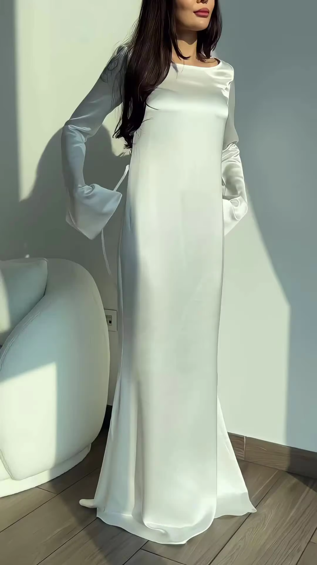 Elegant Round Neck Mermaid Dress Lace Up Flare Sleeve Long Dress for Women        S6690