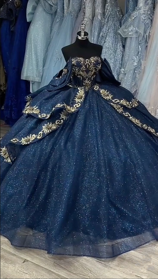 A Line Navy Blue Ball Gown Birthday Party Dress Sparkly Quinceanera Dress      S6774