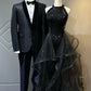 Black Halter Sequins and Tulle Long Party Dress, A-line Black Prom Dress      S6753