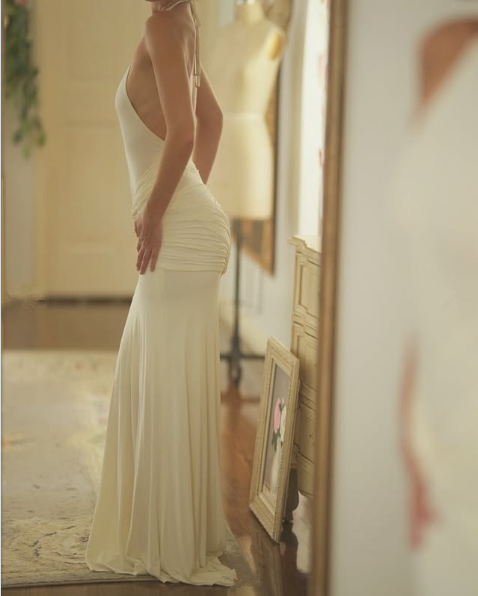 Open Back Halter Neck White Party Prom Dresses Long Evening Dress       S6596