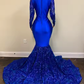 Royal Blue Mermaid Long Prom Dresses with Sleeves,Formal Dress with Sequins        S6457