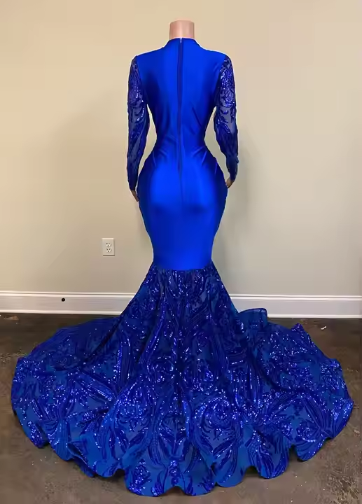 Royal Blue Mermaid Long Prom Dresses with Sleeves,Formal Dress with Sequins        S6457